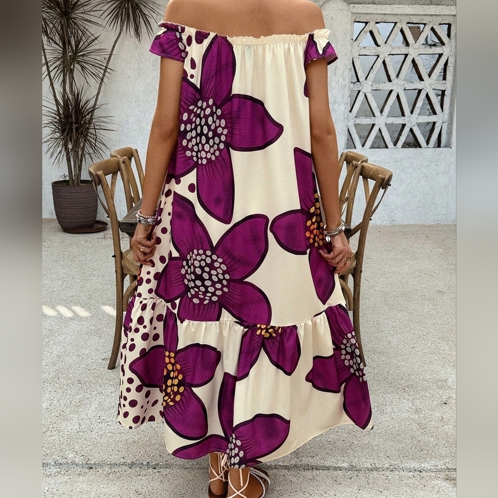 Women\ One Shoulder Printed Casual Vacation Dress With Ruffled Hem - Picture 4 of 4
